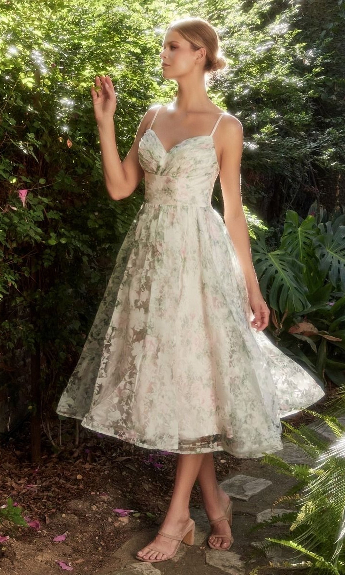 Tea-Length Floral Print Puff-Sleeve Dress A1196