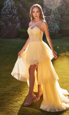 A woman in the High-Low Beaded-Bodice Ruffle Prom Ball Gown A1239 stands on a sunlit lawn, surrounded by greenery.