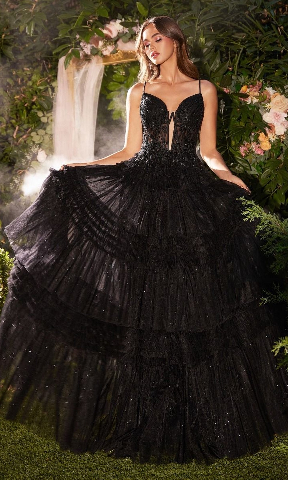 Sheer-Bodice Long A-Line Prom Dress with Ruffles – PromGirl