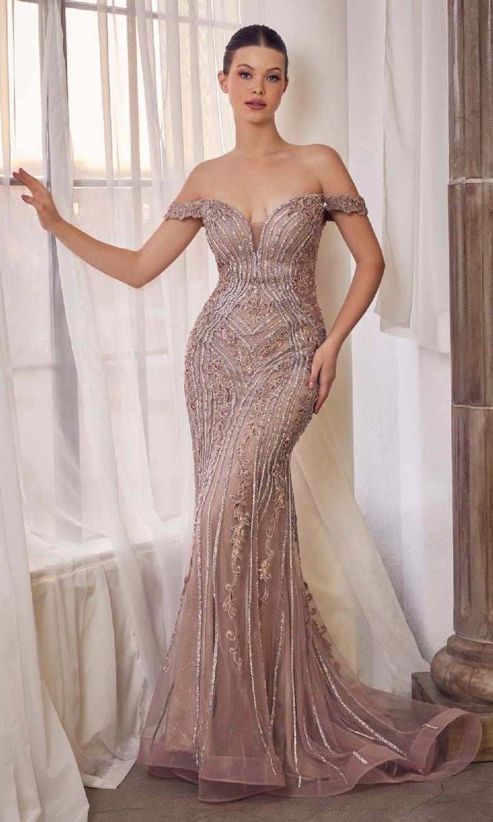 Off-the-Shoulder Long Mauve Pink Prom Dress with Beads – PromGirl