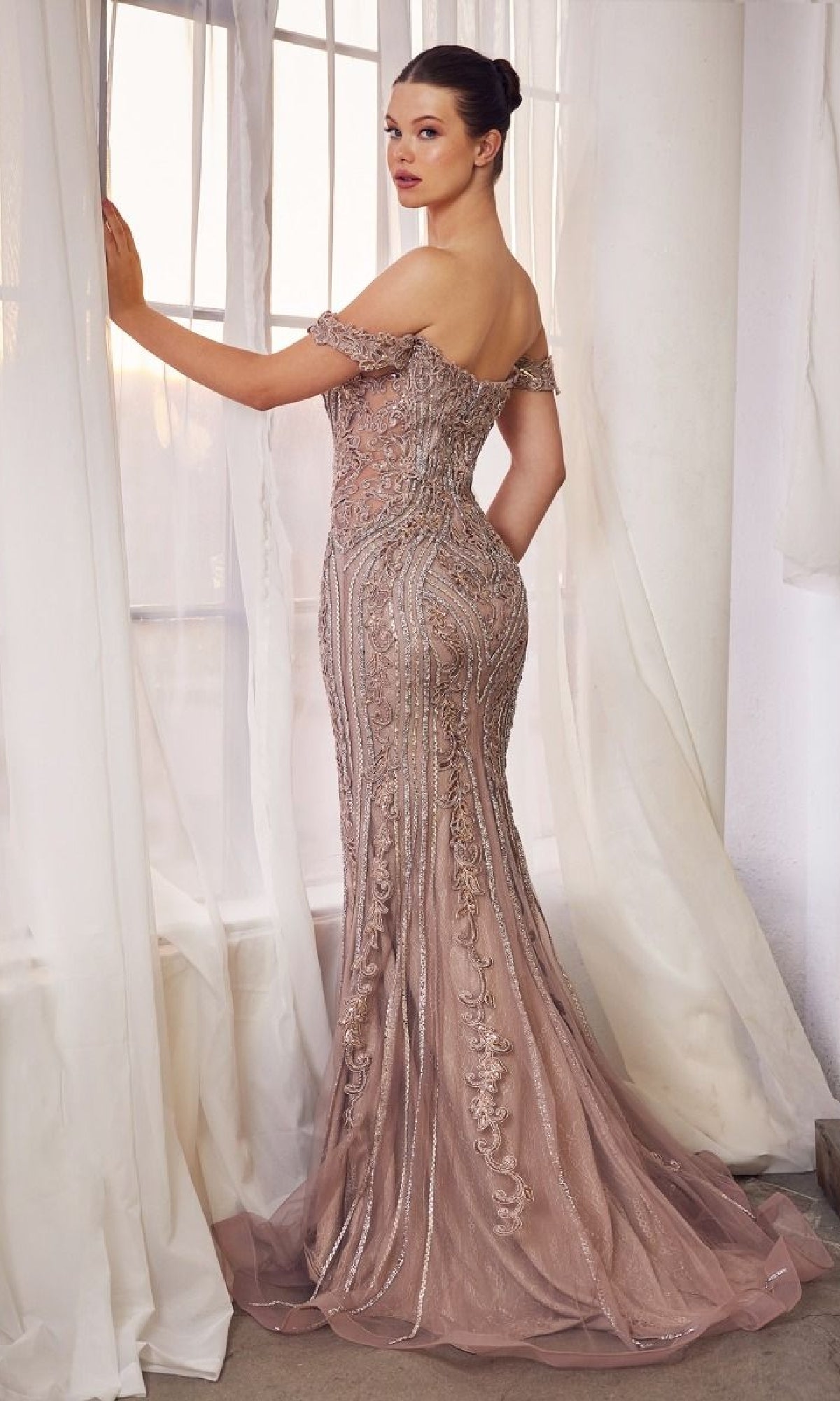 Off-the-Shoulder Long Mauve Pink Prom Dress with Beads