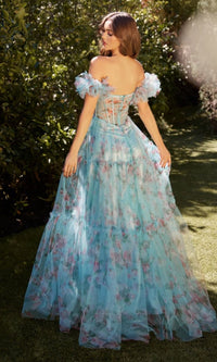 Puff-Sleeve Long Blue Print Prom Dress A1285