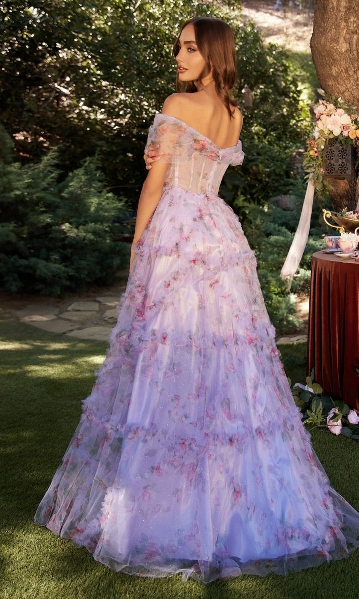 Long Purple Print Prom Dress: Andrea & Leo A1286 Lavender / 2 Long Purple Print Prom Dress: Andrea & Leo A1286 Lavender / 2