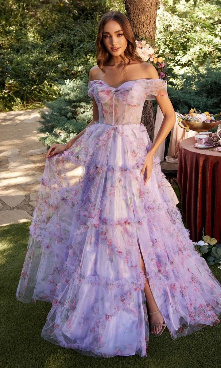 Long Purple Print Prom Dress: Andrea & Leo A1286 Lavender / 2