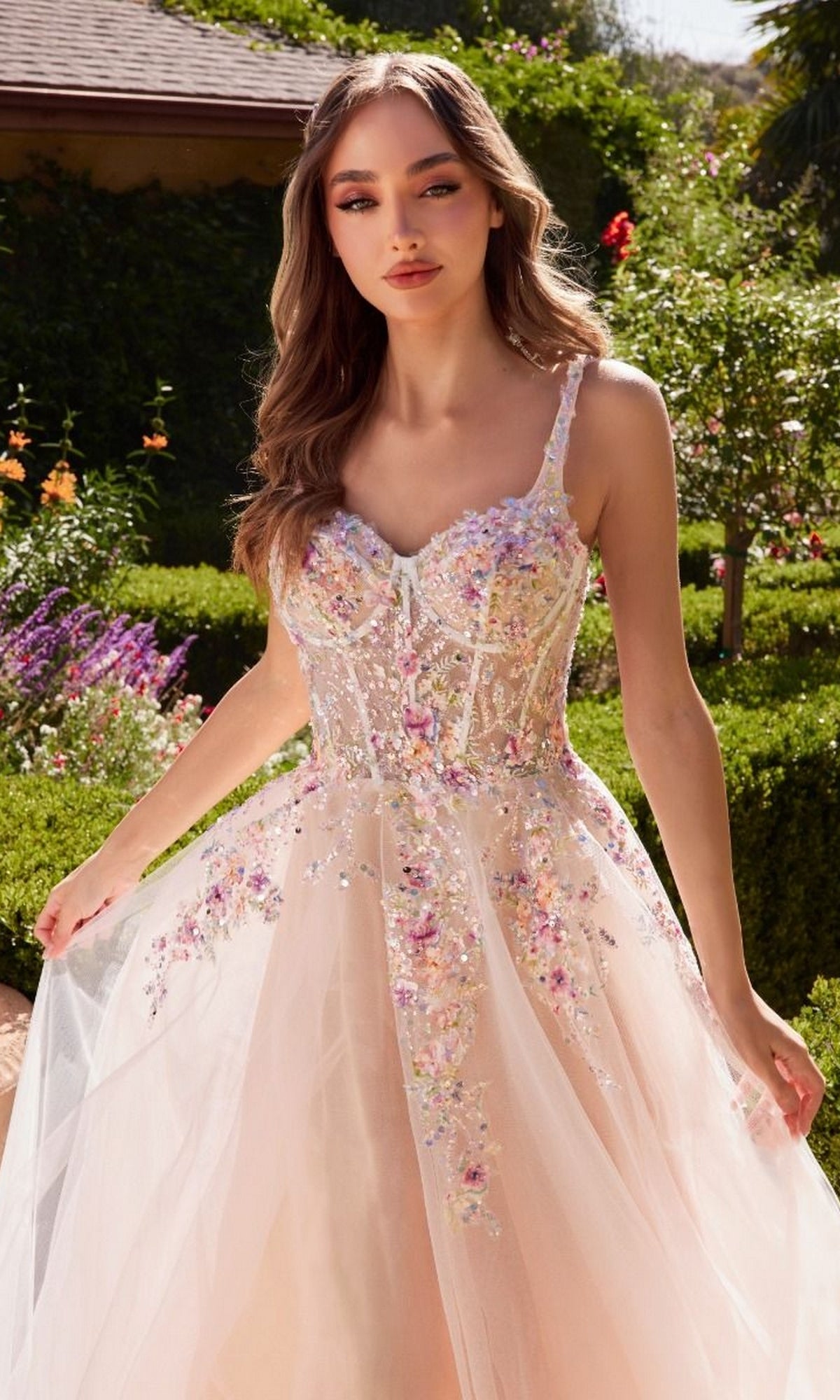 Off-White Long Prom Gown with Flowers - PromGirl
