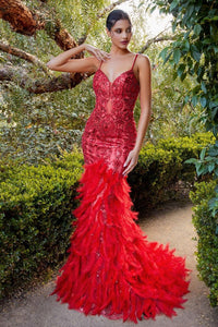 Red Pageant Mermaid Gown A1297 with Feathers