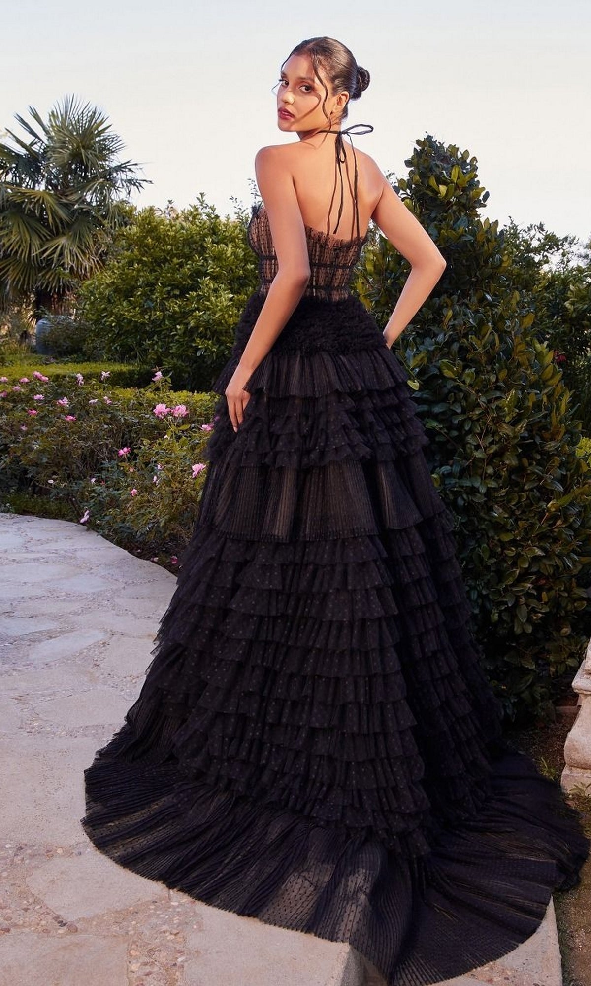 Long Black and Nude A-Line Prom Dress with Ruffles– PromGirl