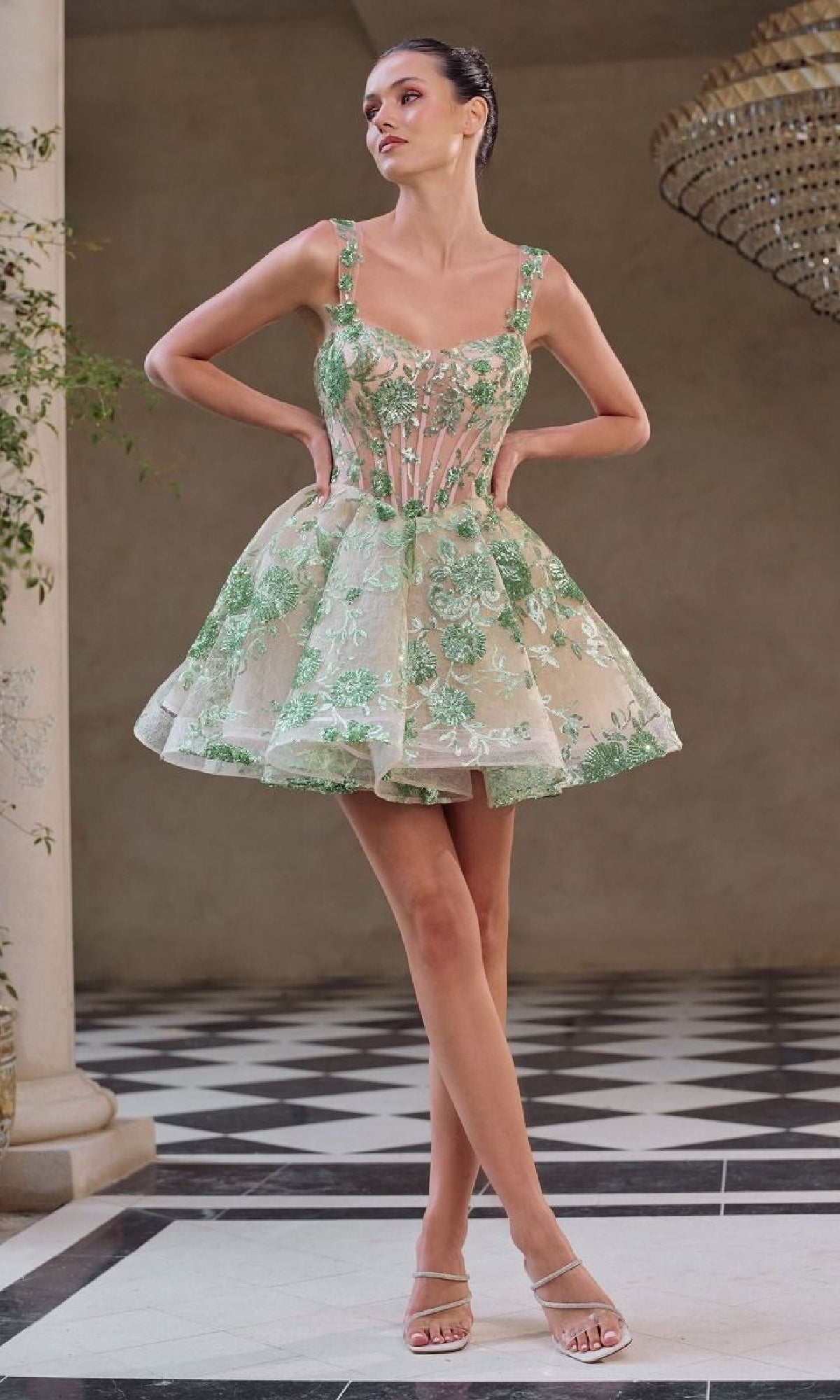 Short Sequin-Print Babydoll Hoco Dress A1347 Green / 2