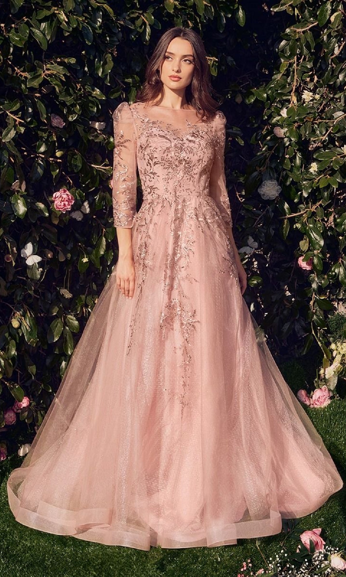 Dusty Rose Pink Long Lace Formal Dress with Sleeves