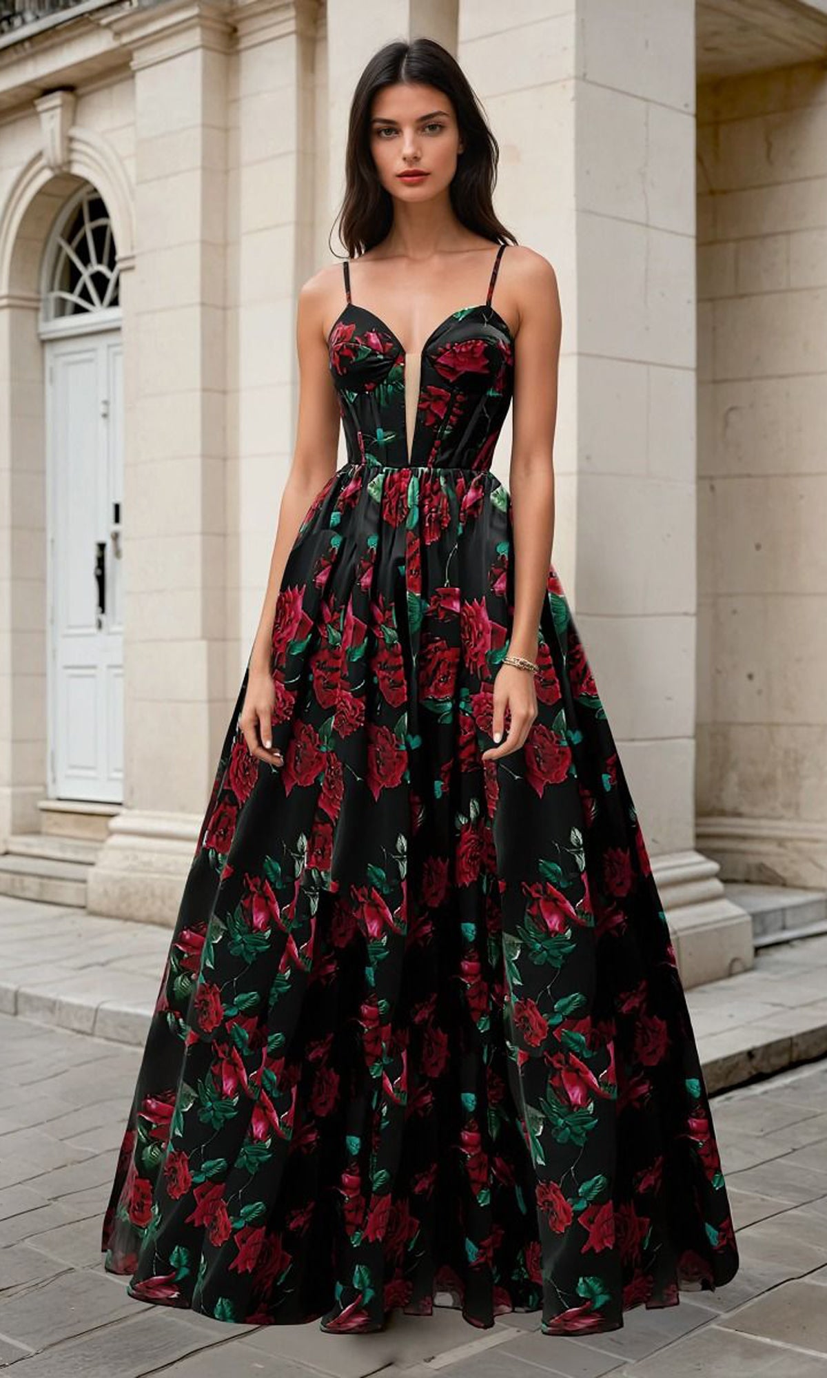 A woman stands outdoors in the Andrea & Leo A1465, a long black prom dress with red floral print, set against light stone walls and an arched doorway.