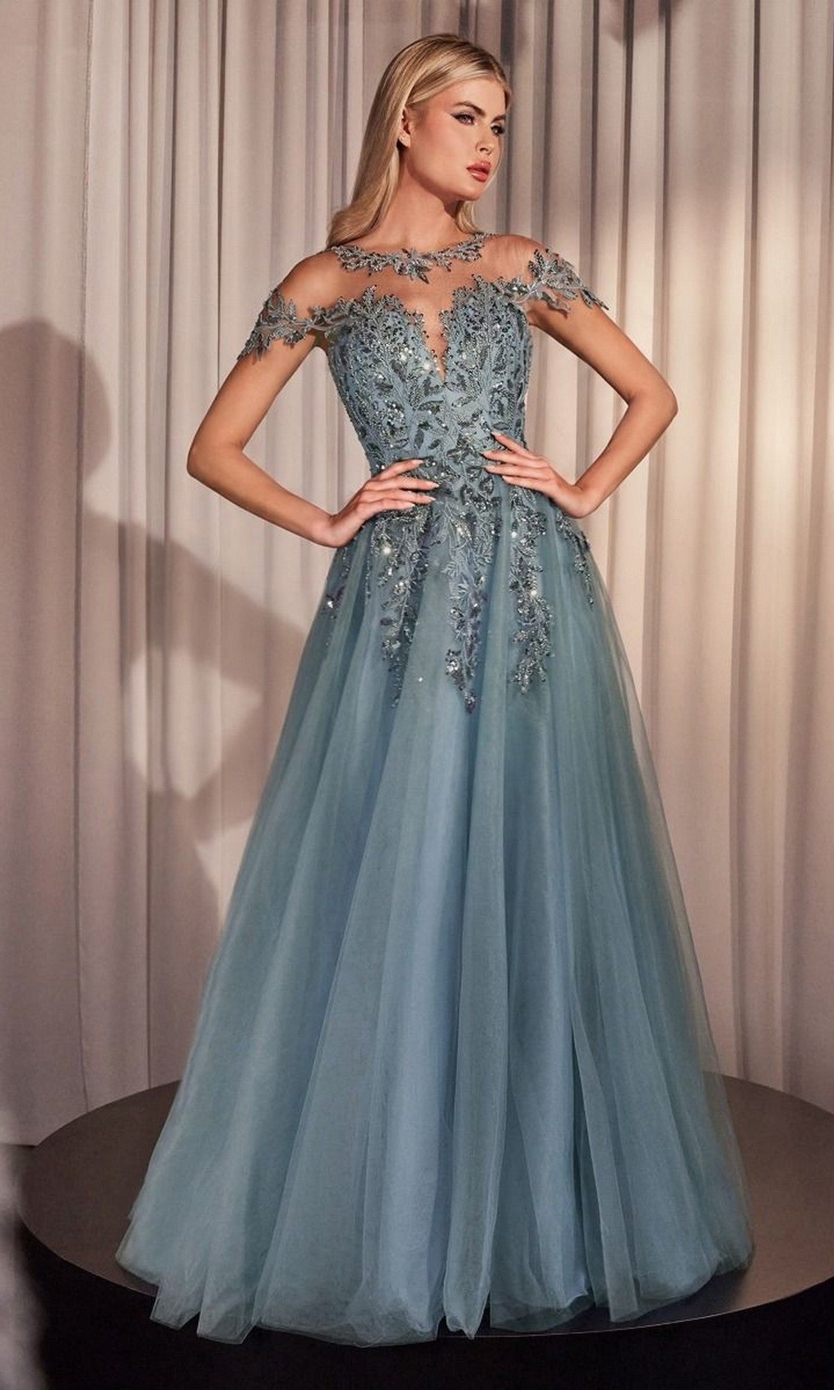 Cap-Sleeve Long Prom Dress with Floral Beading Dusty Blue / 20