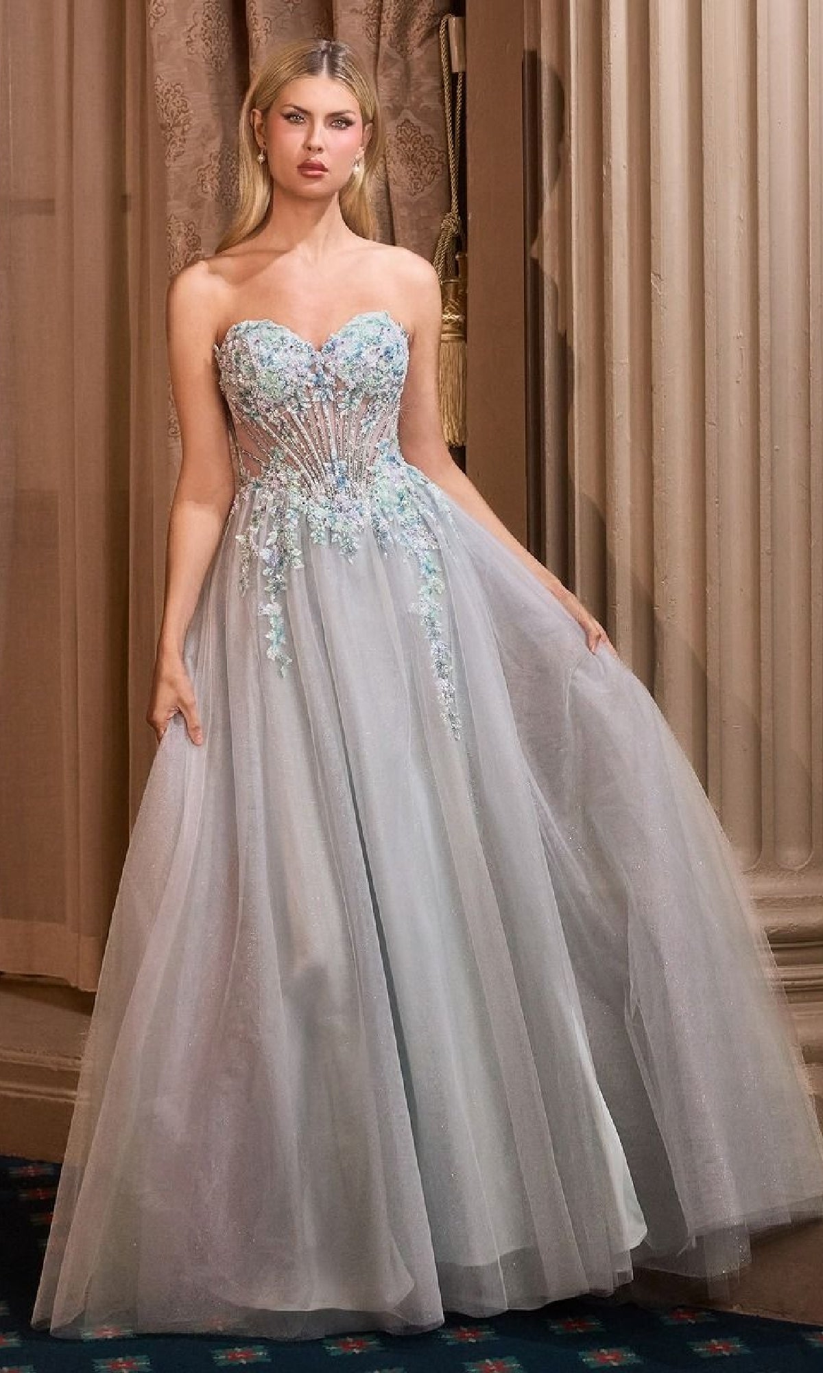 Strapless Long Blue Prom Dress with Beaded Corset– PromGirl