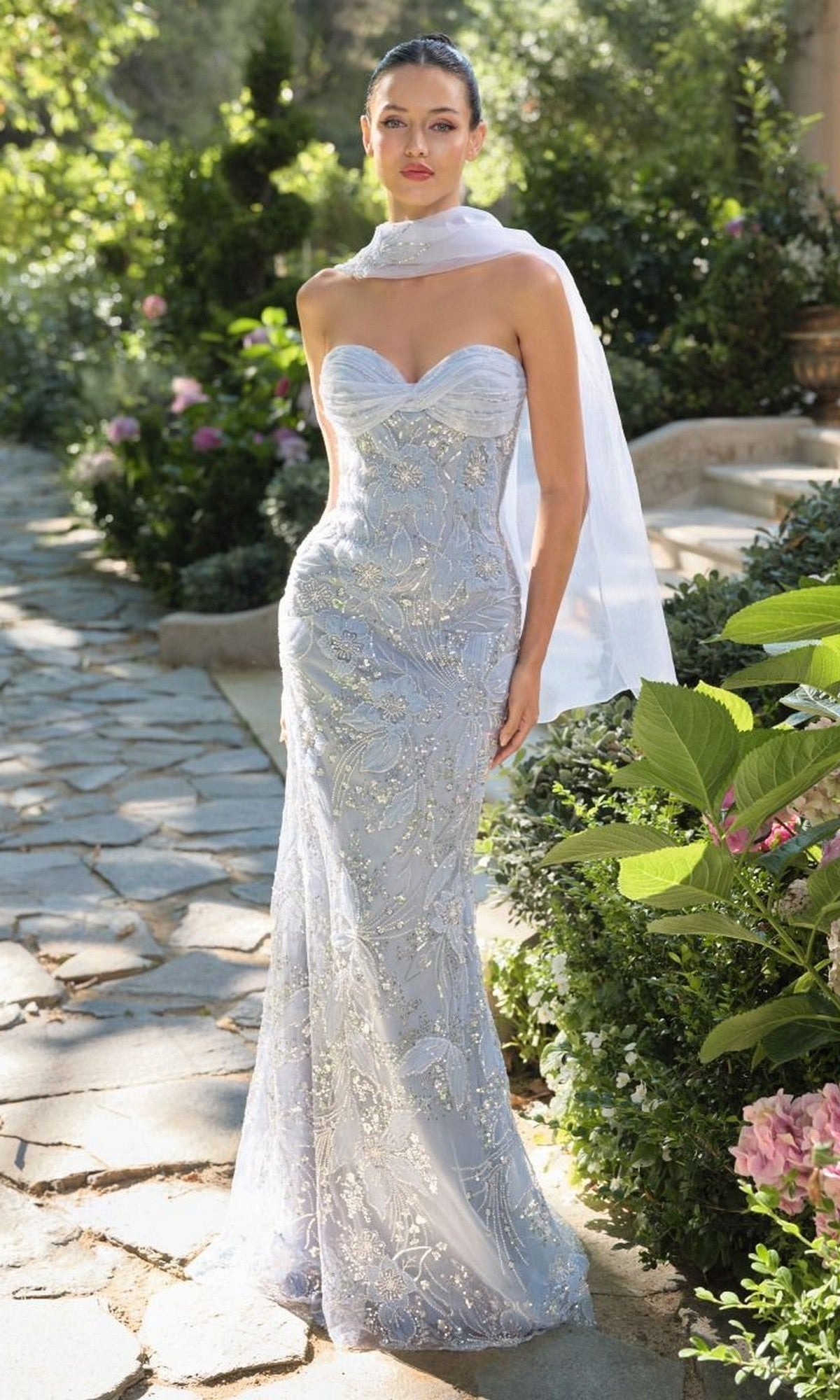 Strapless Long Beaded Prom Dress with Matching Scarf PromGirl Strapless Long Beaded Prom Dress with Matching Scarf PromGirl