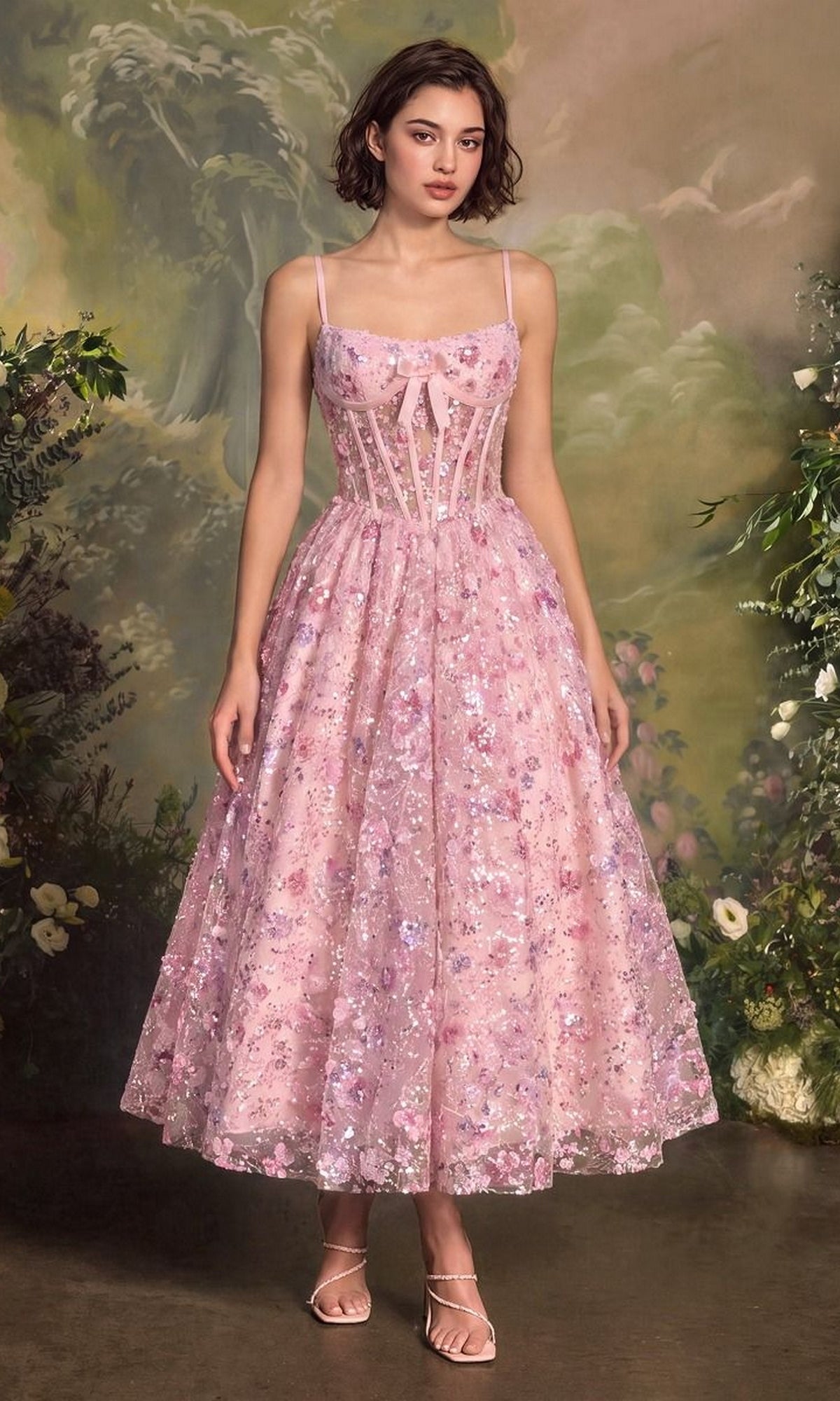 A woman stands in front of a painted garden backdrop wearing the Andrea & Leo A1523 midi prom dress, featuring pink floral 3D appliques, spaghetti straps, and a sheer corset bodice.