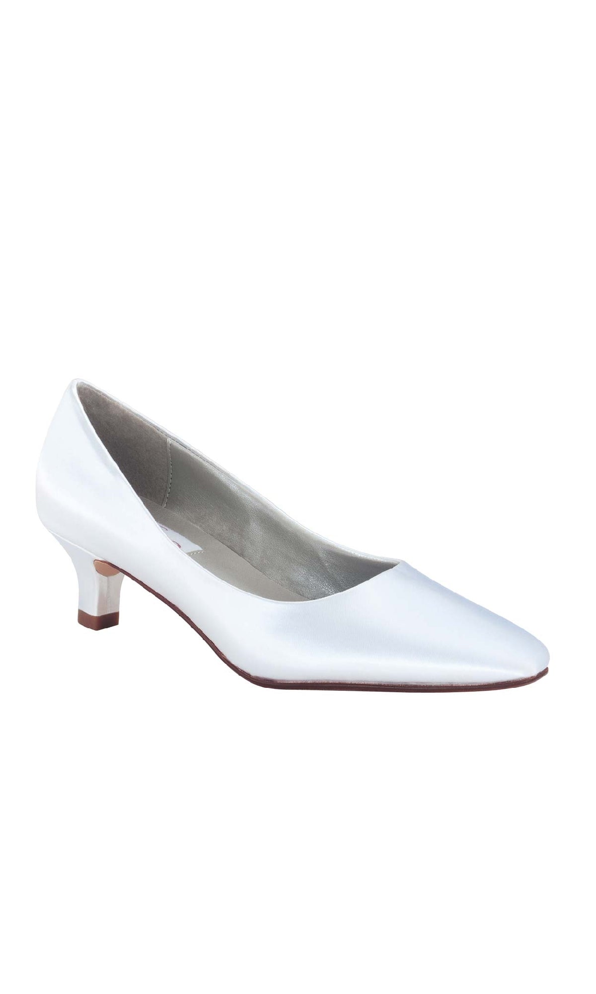 The Abbey White Closed-Toe Prom Shoes (Dyeables 40721) feature a white satin pump with a low kitten heel and pointed toe—ideal low heel prom shoes for comfort and style—shown against a plain white background.