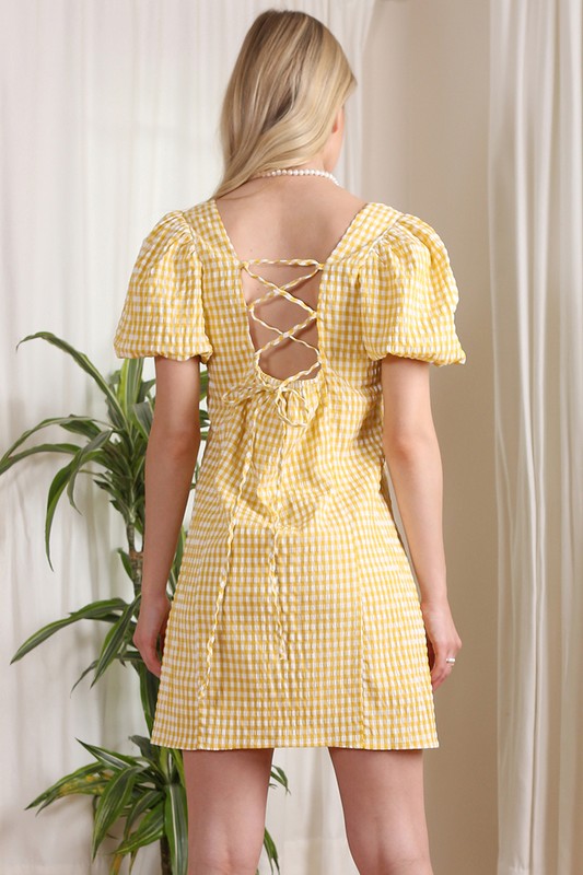Short Yellow Gingham Short-Sleeve Casual Dress