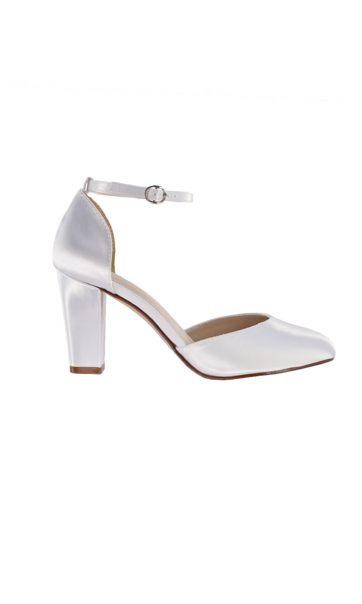 The White Closed Toe Prom Shoes 4478 feature a white satin finish, closed toe, 2.5 inch heel, and an ankle strap with buckle, shown against a plain white background.
