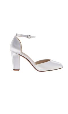 The White Closed Toe Prom Shoes 4478 feature a white satin finish, closed toe, 2.5 inch heel, and an ankle strap with buckle, shown against a plain white background.