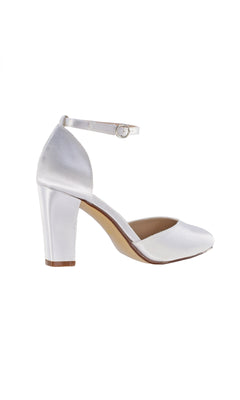 White Closed Toe Prom Shoes 4478 features a silver satin finish, 2.5-inch block heel, closed toe, and ankle strap, shown on a white background—ideal for an elegant prom look.