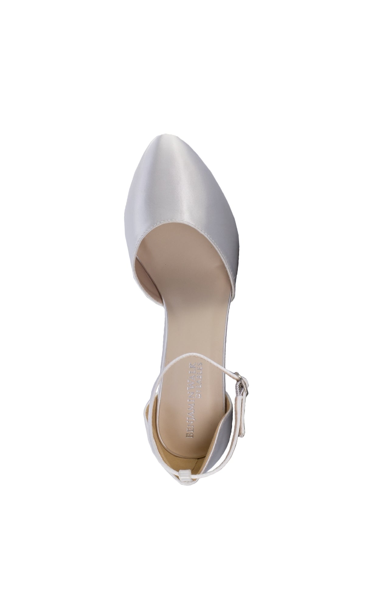 Top view of White Closed Toe Prom Shoes 4478, a women's silver satin flat with pointed toe and ankle strap, shown on a white background—ideal for those seeking stylish closed toe prom shoes.