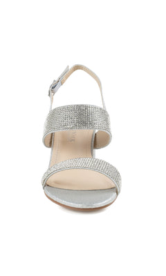 Front view of Ares Silver Glitter Prom Dress Shoes: Touch Ups 4653—silver open-toe heels featuring two rhinestone-studded straps and a buckle ankle strap on a low heel, perfect for your next event.