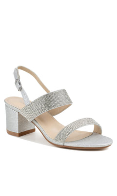 Shine at any event in the Ares Silver Glitter Prom Dress Shoes by Touch Ups 4653—low block heels with two jeweled straps and a slingback buckle for comfort and style, shown on a white background.