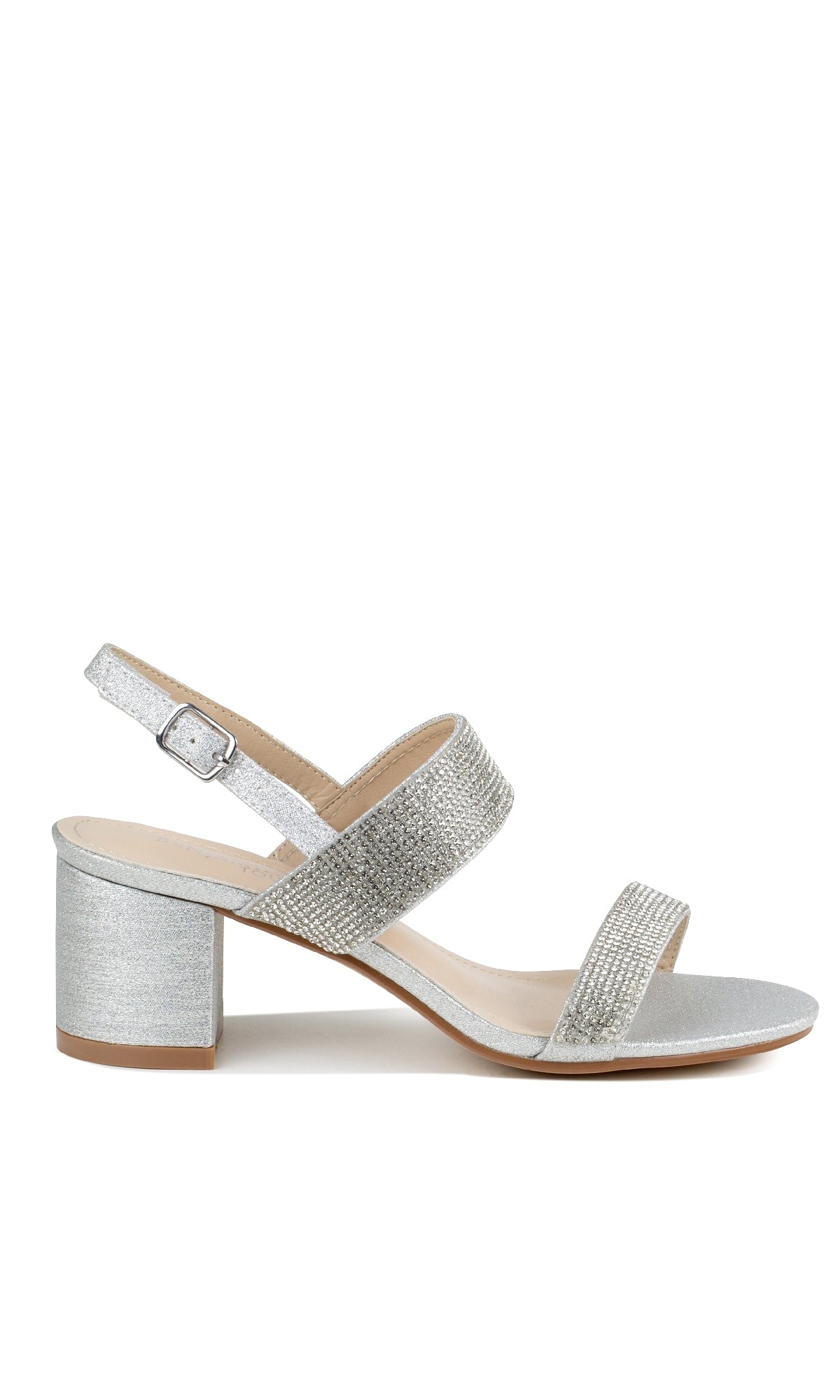 Step out in style with the Ares Silver Glitter Prom Dress Shoes: Touch Ups 4653, featuring a silver, low-block heel, ankle strap with buckle closure, and two glittery straps—perfect for a sparkling night out.