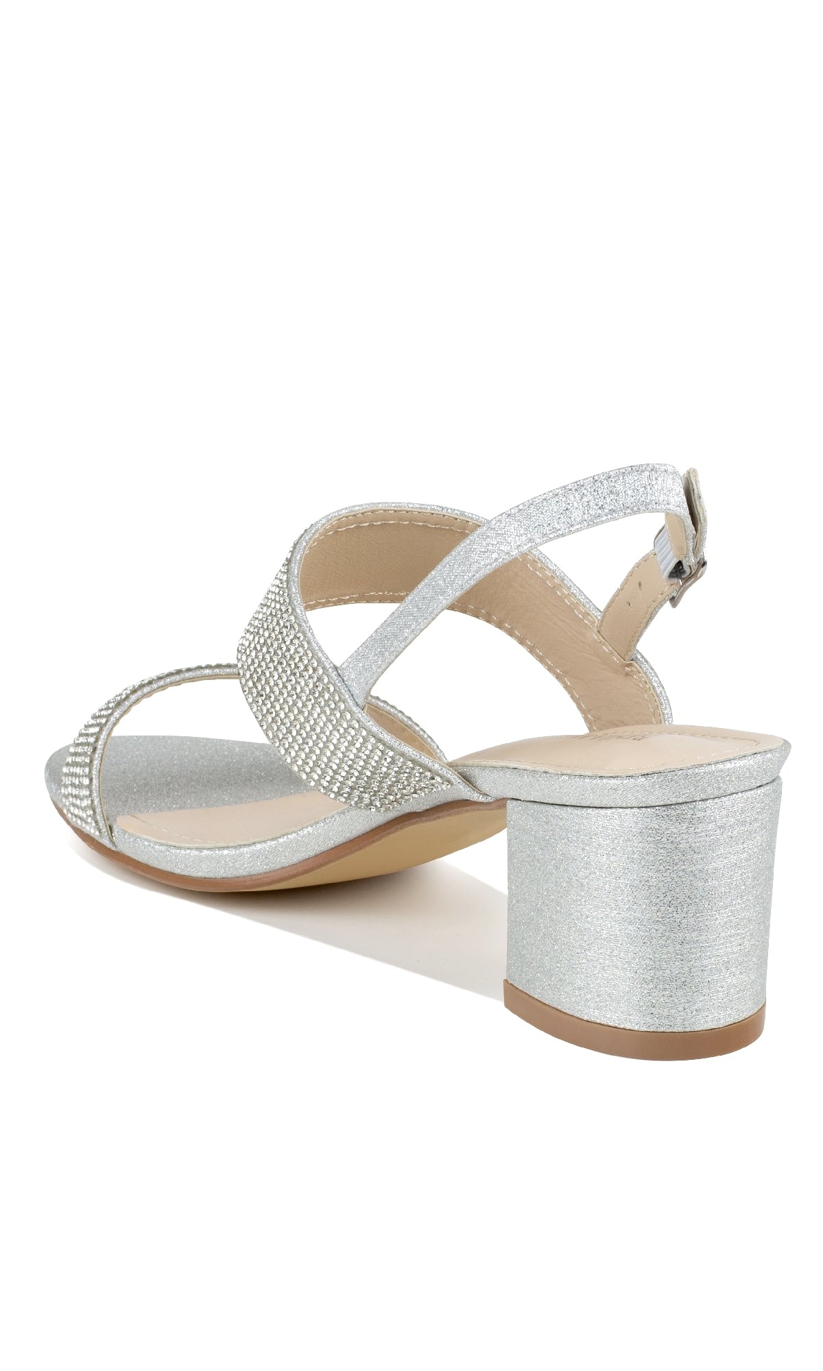 The Ares Silver Glitter Prom Dress Shoes (Touch Ups 4653) feature a silver open toe, mid-height block heel, jeweled rhinestone crossover straps, and ankle buckle—ideal low-heel prom shoes for sparkle.