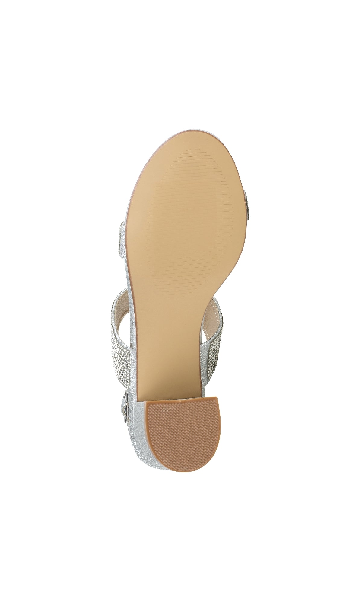 The Ares Silver Glitter Prom Dress Shoes by Touch Ups 4653 feature a tan sole with textured heel and forefoot for comfort and style—perfect low-heel shoes to shine at your next prom.