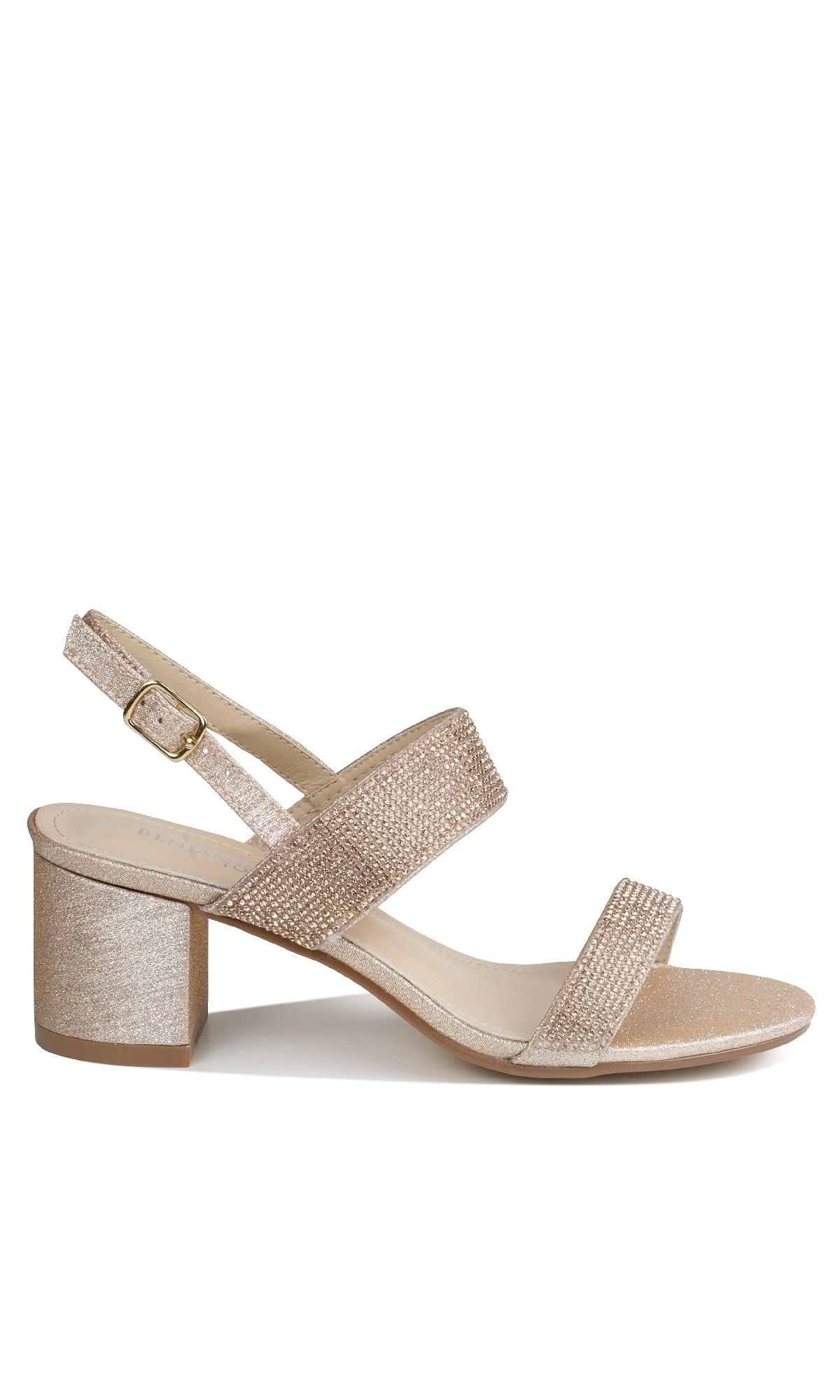 The Ares Champagne Glitter Prom Shoes by Touch Ups 4654 feature a gold block heel, open toe, two jeweled straps, and a slingback with buckle—an elegant low-heeled choice for prom.