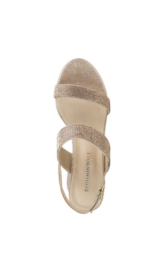 A single Ares Champagne Glitter Prom Shoe (Touch Ups 4654) in beige, seen from above, with two jeweled glitter straps, a buckle, low block heel, and an insole stamped "BENJAMIN WALK.