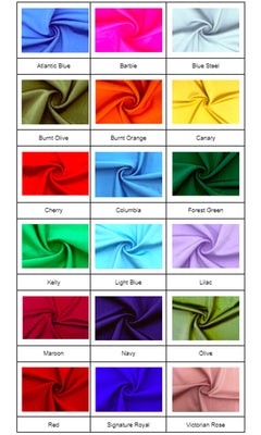 A chart displays 18 fabric swatches in colors like Barbie, Canary, Navy, Olive, and Victorian Rose—ideal for choosing your perfect Atria 7101H Long Formal Dress or open-back evening gown.
