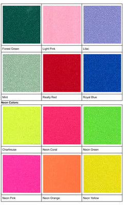 Twelve fabric squares in vibrant shades—mint, chartreuse, neon orange, pink—each labeled by name. Ideal for selecting colors for your Atria Ruched Long Mermaid Prom Dress 6754H or your next show-stopping evening gown.