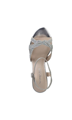 The Ava Silver Prom Shoes: Touch Ups 4633 is shown as a single sparkly open-toe heel with rhinestone straps, an ankle strap, and a slingback design on a white background.