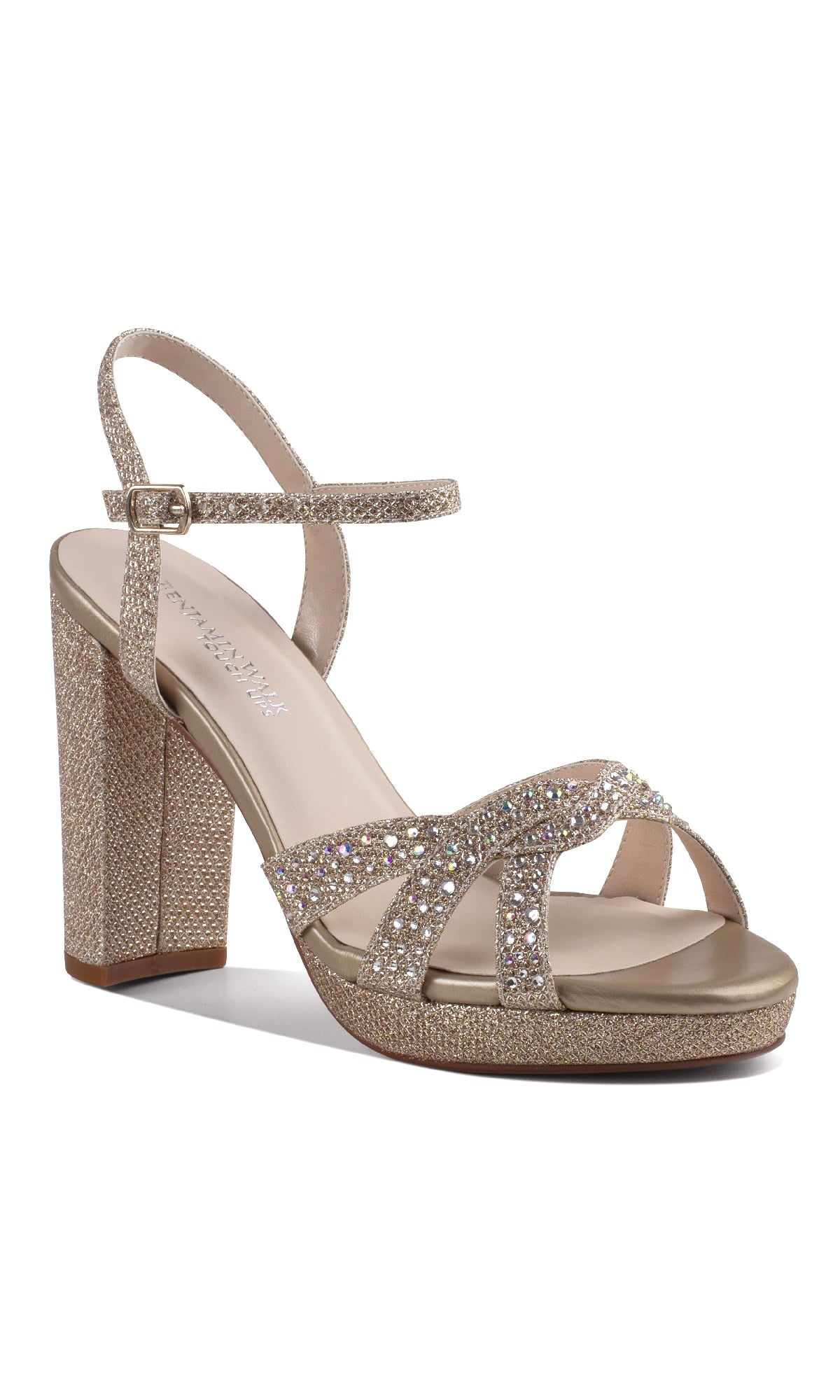 The Ava Champagne Glitter Prom Shoes by Touch Ups (4634) are gold high-heeled sandals with jeweled and ankle straps, a block heel, and sparkling rhinestone accents—ideal for prom or special events.