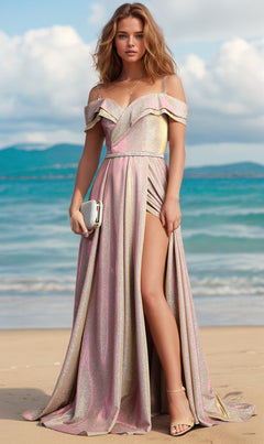 A woman stands on a sandy beach in the Chicas J008 Off-Shoulder Long Glitter Prom Dress, featuring an iridescent finish and high slit, clutch in hand with sea and mountains behind. A glamorous formal gown under $200, ideal for any special occasion.