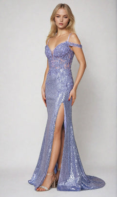 A woman models the Sheer-Corset Long Sequin Prom Dress (Poly USA 9398) in lavender, featuring a floor-length design, thigh-high slit, sheer bodice, and off-the-shoulder straps against a plain background.