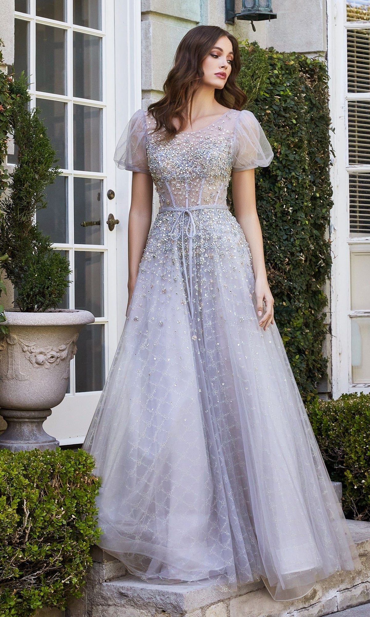 Short Sleeve Long Beaded Silver Prom Gown B708