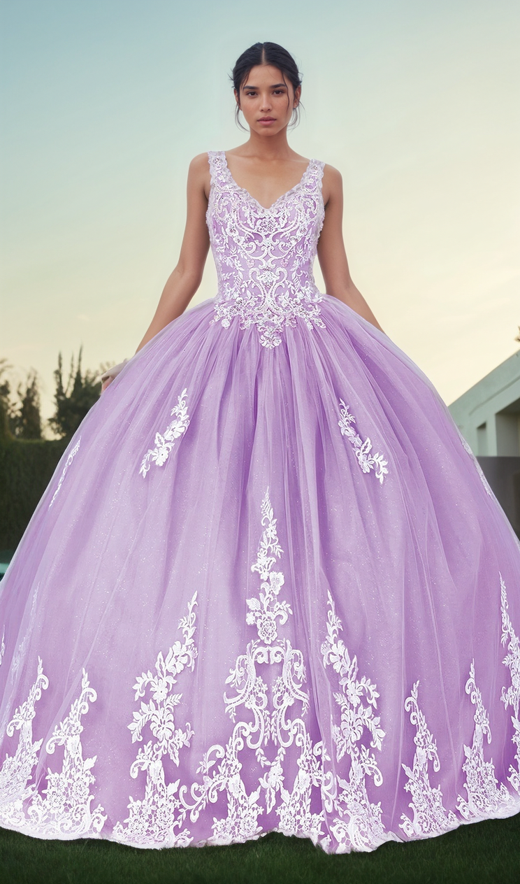 A woman stands outdoors in the Quinceanera Dress 1608 By Dancing Queen, a lavender ball gown with white lace embroidery and a full tulle skirt, set against a clear sky background.