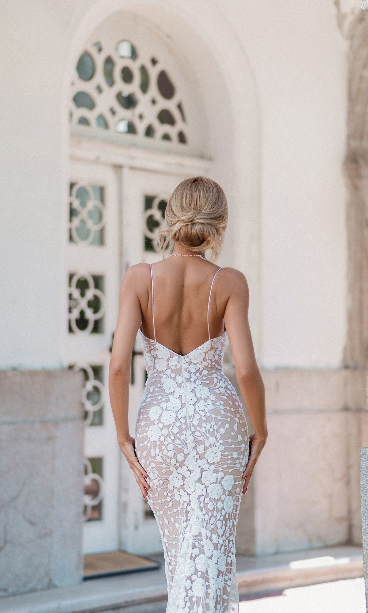 Long White Floral-Lace Formal Dress with Open Back White/Nude / 14