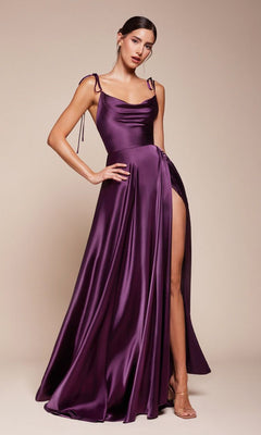 A woman stands against a beige background wearing the Ladivine BD104 cowl-neck long satin prom dress in eggplant, featuring a sleeveless design, backless detail, and thigh-high slit.