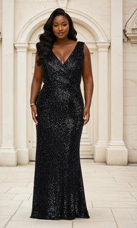 La Femme-La Femme Plus-Size V-Neck Sequin Long Prom Dress