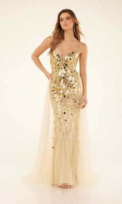 A woman in the Cecilia Couture C132 long prom dress—featuring gold sequins, a deep V neckline, lace-up back, and sheer panels—stands against a plain light background.