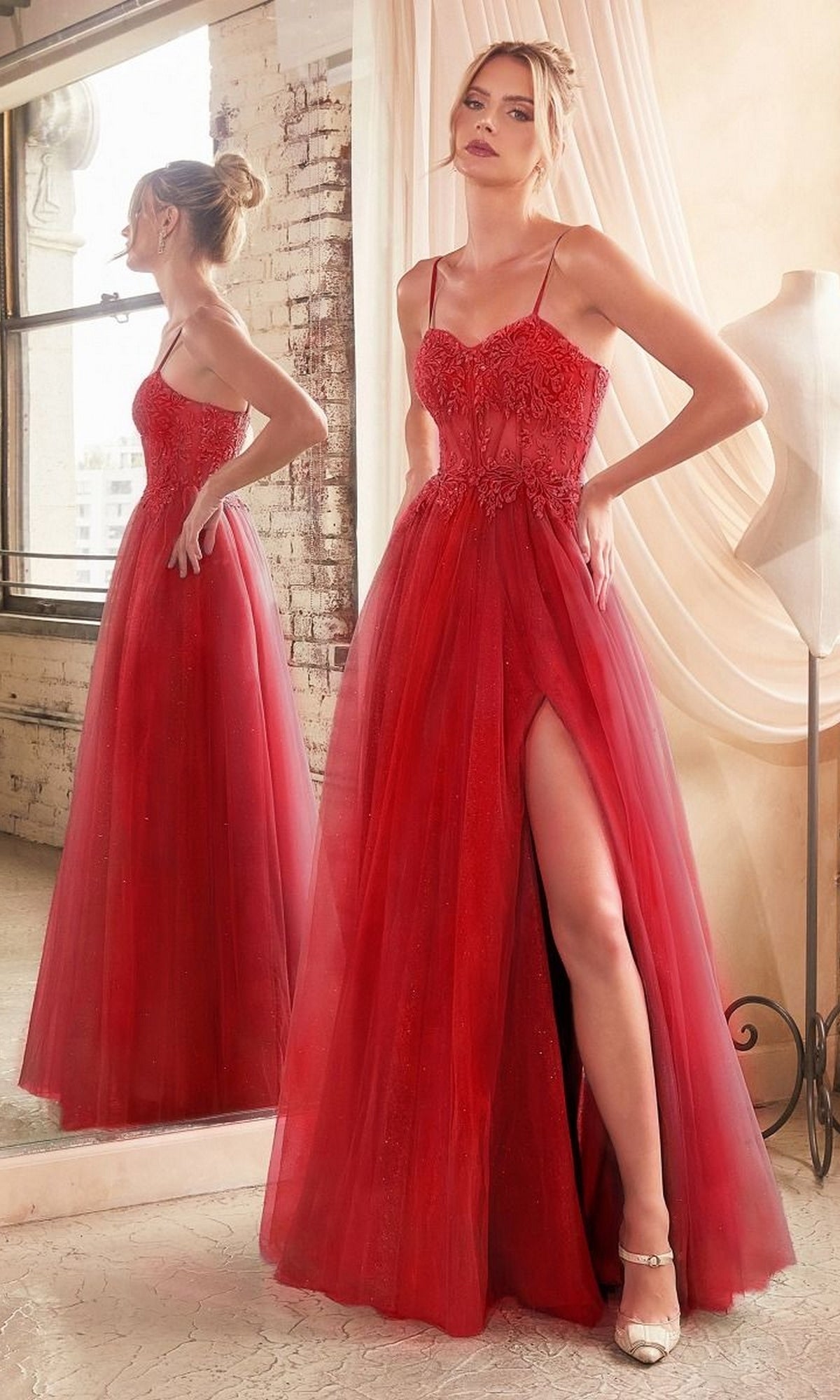 Sheer-Waist Long Glitter-Tulle Prom Dress C150