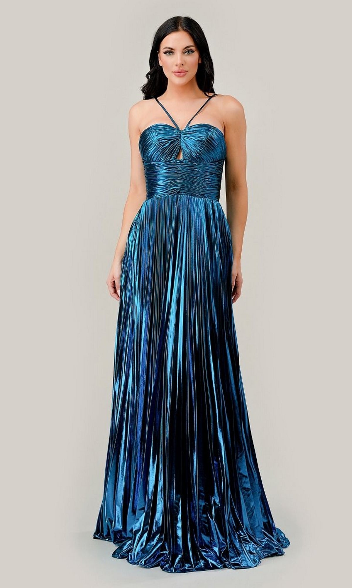 Long Pleated Metallic A-Line Prom Dress C153