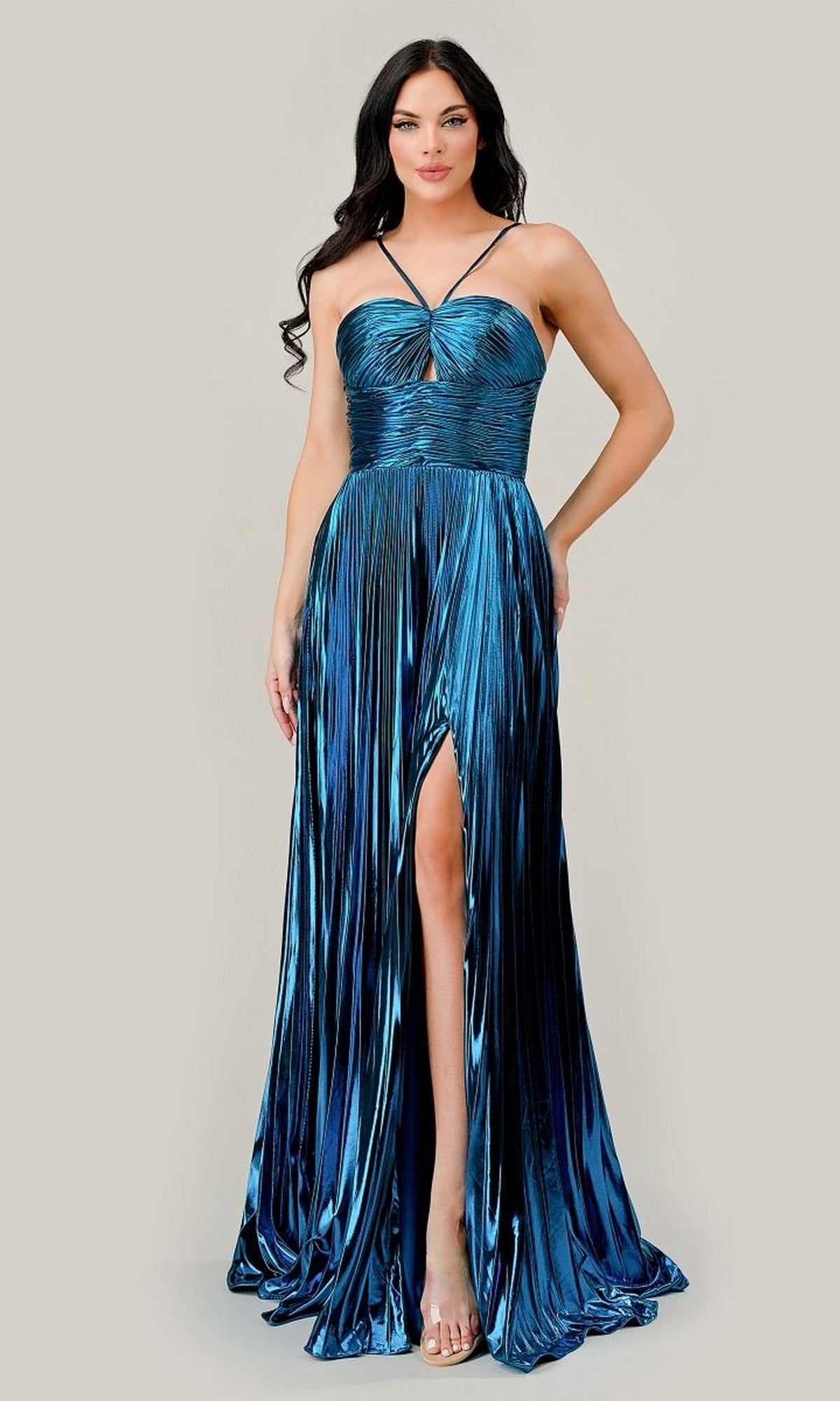 Long Pleated Metallic A-Line Prom Dress C153