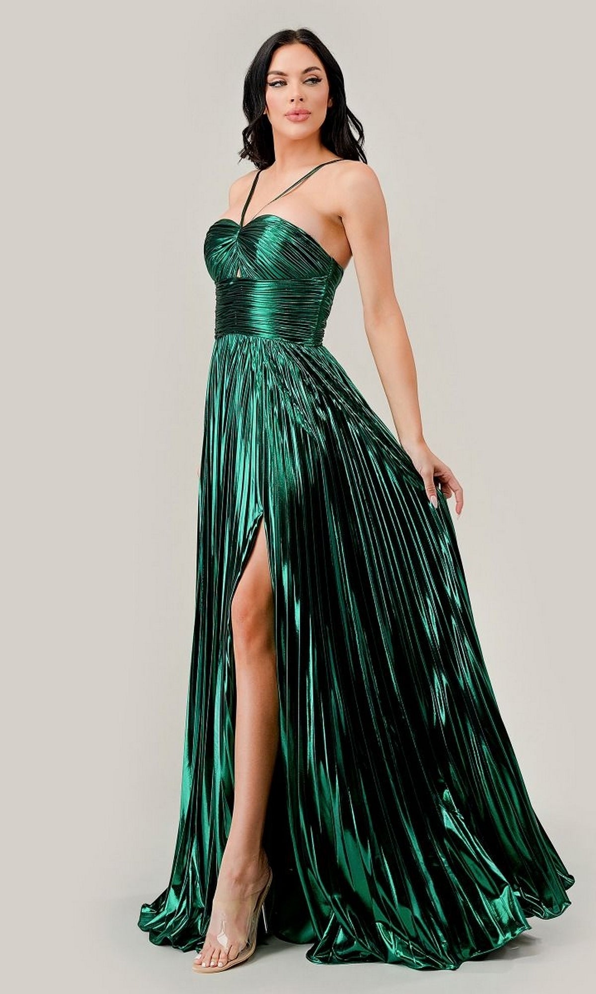Long Pleated Metallic A-Line Prom Dress C153