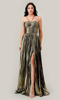 Long Pleated Metallic A-Line Prom Dress C153