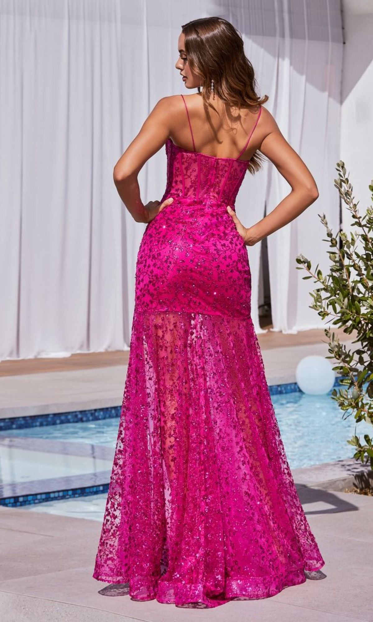Sheer-Waist Long Glitter-Print Prom Dress C155