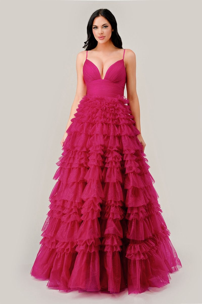 Fuchsia Pink Ruffled Prom Ball Gown: Ladivine C156